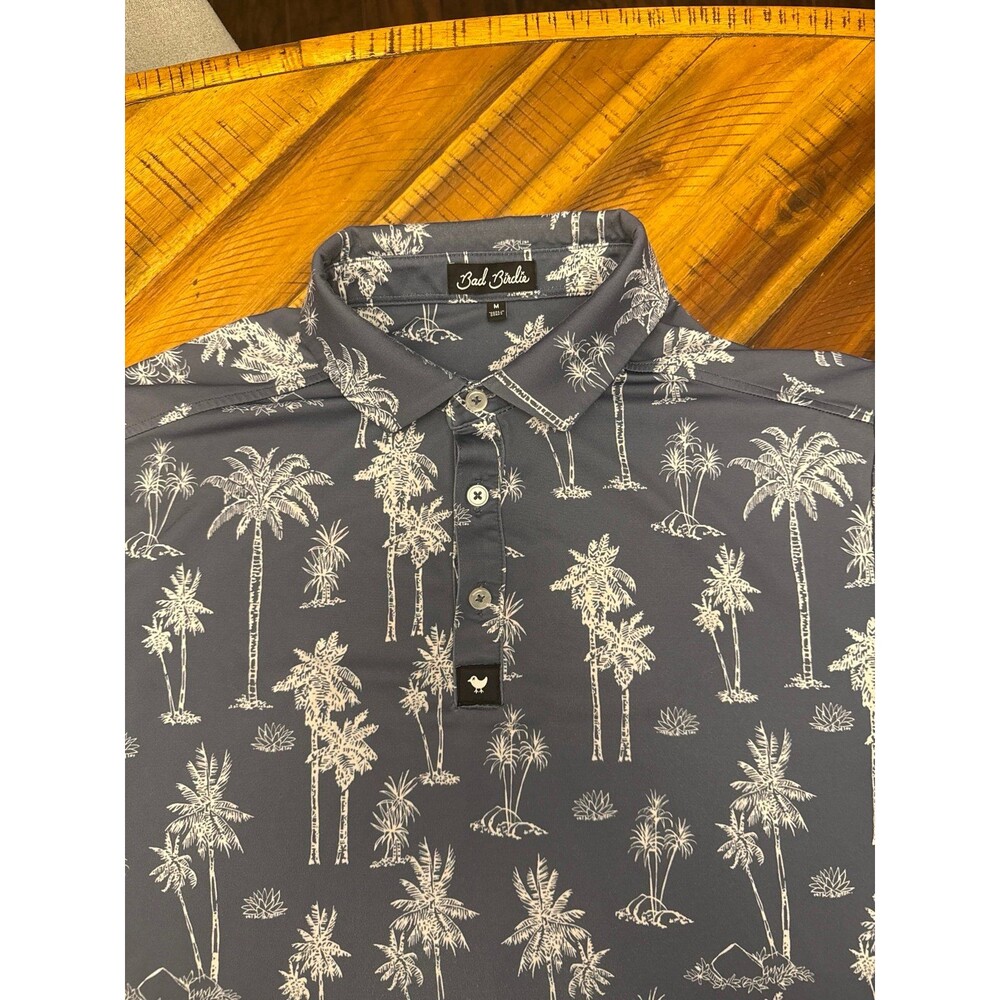 Bad Birdie Golf Polo Shirt Mens Medium Gray Palm Tree Print Performance Stretch